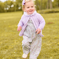little english classic children's clothing girls lavender floral overall with ruffle bottom, london blouse in white, cashmere blend cardigan in lavender
