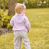 little english classic children's clothing girls lavender floral overall with ruffle bottom, london blouse in white, cashmere blend cardigan in lavender