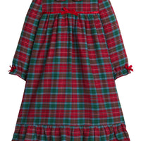 little english classic children's clothes, girls deep red and green tartan long sleeve flannel nightgown with peter pan collar for the holidays