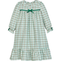 Little English classic children's clothing, Green, red, and cream Mistletoe Tartan flannel nightgown with peter pan collar and green bow details for little girls