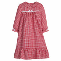 little english classic children's clothes, red gingham long sleeve flannel nightgown with white bow details for girls