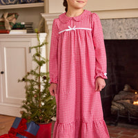 little english classic children's clothing, classic long sleeve nightgown in red gingham pattern for little girls