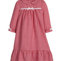 little english classic children's clothes, red gingham long sleeve flannel nightgown with white bow details for girls