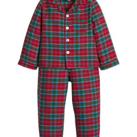 little english classic children's clothes, deep red and green tartan pajama set for boys for the holidays