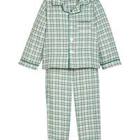 Little English classic children's clothing, Green, red, and cream Mistletoe Tartan flannel long sleeve shirt and pants pajama set with chest pocket and green piping details for little boys