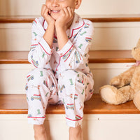 little english classic children's clothes, boys wagoneer pajama set with a cream background and red piping