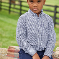 little english classic childrens clothing, boys button down shirt in navy gingham