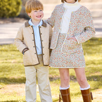 little english classic children's clothing, quilted jacket in khaki, long sleeve polo in sky blue tripe, pull on pant in pebble twill for boys, solid ribbed turtleneck in ivory, sophie jacket and skirt in james floral for girls, coordinating fall outfits