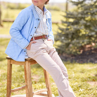 little english classic childrens clothing, quilted jacket in light blue, button down shirt in light blue and brown winthrop plaid, classic pant in stone corduroy, outfit for fall