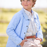 little english classic childrens clothing, quilted jacket in light blue, button down shirt in light blue and brown winthrop plaid, classic pant in stone corduroy, outfit for fall
