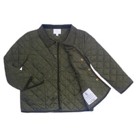 Little English classic childrens clothing, unisex button snap quilted jacket in olive green with corduroy details