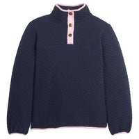 Little English traditional children's clothing. Comfy navy quilted pullover with light pink trim for girls for Fall