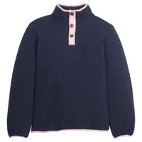 Little English traditional children's clothing. Comfy navy quilted pullover with light pink trim for girls for Fall