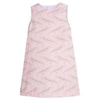 Little English traditional children's clothing. Girl's pink and green alligator print shift dress for Spring. Preppy dress for girls