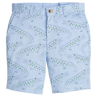 Little English traditional children's clothing. Boy's light blue and green alligator print shorts for Spring. Preppy shorts for boys