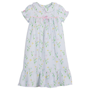 Little English traditional girl's short-sleeve flannel style nightgown, little girl's classic Spring nightgown with bow in butterfly garden print