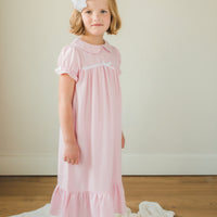Little English traditional girl's short-sleeve flannel style nightgown, little girl's classic Spring nightgown with bow in light pink