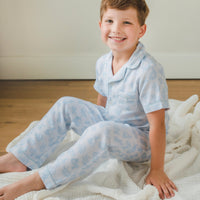 Little English classic kids short-sleeve flannel style pajama set, traditional jammies with blue bunnies for Spring