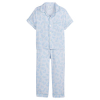 Little English classic kids short-sleeve flannel style pajama set, traditional jammies with blue bunnies for Spring