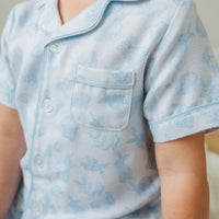 Little English classic kids short-sleeve flannel style pajama set, traditional jammies with blue bunnies for Spring