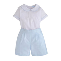 Little English traditional children's clothing. Classic and timeless wedding short set for little boys in white and light blue. Formal white peter pan collar top and coordinating light blue short set for special occasions