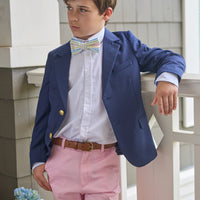 Little English classic wool blazer in navy, button down shirt in white oxford, classic pant in light pink twill, bow tie in mayfair gingham, for little boy
