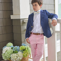 Little English classic wool blazer in navy, button down shirt in white oxford, classic pant in light pink twill, bow tie in mayfair gingham, for little boy