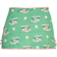 Little English traditional children's clothing. Classic green twill skort with golf cart print and pink trim for girls.