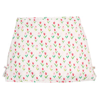 Little English traditional children's clothing. Classic white twill skort with pink, red, and green tulip print for girls.