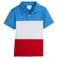 Little English classic children's clothing boy's regatta blue, white, and red color-blocked knit polo for Summer.