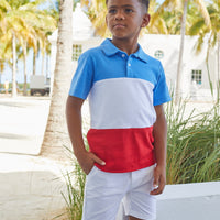 Little English classic children's clothing boy's regatta blue, white, and red color-blocked knit polo for Summer.