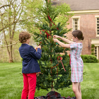 Little English classic children's clothing. Girls A-line dress in red and green plaid with red bow and red piping detail for the holidays. Boys Douglas Plaid button down shirt with red corduroy pants and navy wool blazer.