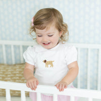 Little English traditional children's clothing. Toddler girl's short sleeve white knit blouse with lab crochet for Spring