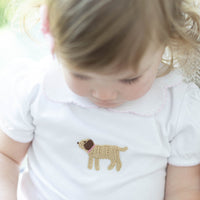 Little English traditional children's clothing. Toddler girl's short sleeve white knit blouse with lab crochet for Spring