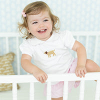 Little English traditional children's clothing. Toddler girl's short sleeve white knit blouse with lab crochet for Spring