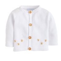 Little English traditional baby clothes, unisex signature white cardigan with crochet bees for baby boys and girls