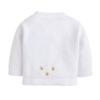 Little English traditional baby clothes, unisex signature white cardigan with crochet bees for baby boys and girls