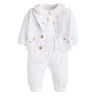 Little English traditional baby clothes, unisex signature white cardigan with crochet bees for baby boys and girls