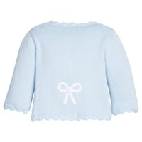 Little English traditional children's clothing. Baby girl's blue with white bow crochet cardigan sweater for Spring. Gift clothing for baby girl
