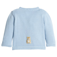 little english classic children's clothing baby boys light blue crochet cardigan with teddy bear motif