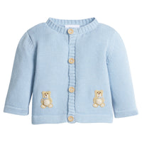 little english classic children's clothing baby boys light blue crochet cardigan with teddy bear motif