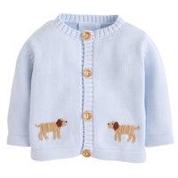 Little English traditional baby clothing, signature light blue crochet sweater with lab for baby boy