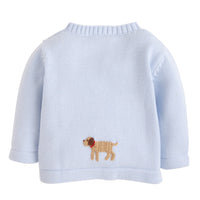 Little English traditional baby clothing, signature light blue crochet sweater with lab for baby boy