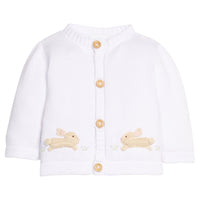 Little English Classic crochet cardigan featuring wooden buttons down front and crochet bunny motifs, for little boy or girl