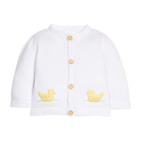 Little English traditional children's clothing Classic white unisex crochet sweater with yellow ducks for baby.