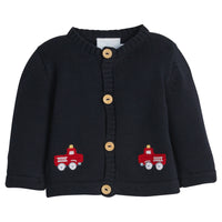 Little English classic baby clothes, signature navy cardigan with red fire trucks for baby boys