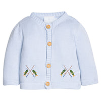 Little English traditional children's clothing. Light blue cotton cardigan with crocheted fishing rods on either side and in back for baby boys