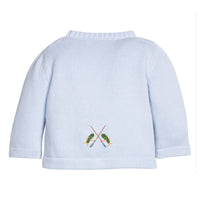 Little English traditional children's clothing. Light blue cotton cardigan with crocheted fishing rods on either side and in back for baby boys