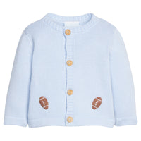Little English traditional children's clothing. Light Blue crochet sweater with crochet footballs and wooden button details for baby