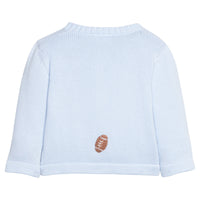 Little English traditional children's clothing. Light Blue crochet sweater with crochet footballs and wooden button details for baby